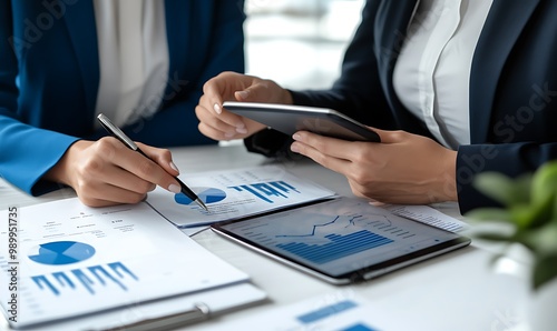 Businesswoman Pointing at Marketing Report with Tablet in Professional Office