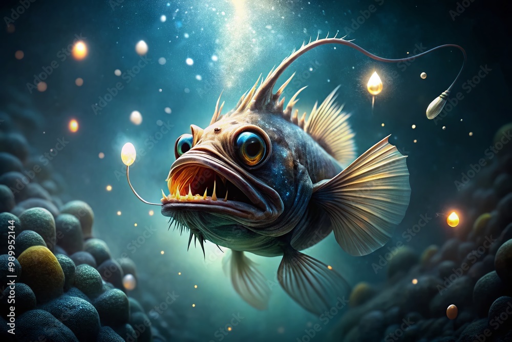 Fototapeta premium Mysterious Angler Fish Glowing in Dark Ocean Waters with Luminous Lure and Unique Features Displayed