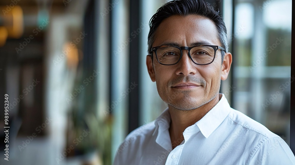 professional portrait of a 45-year-old Native American man with a formal slick hairstyle and glasses in a contemporary office setting capturing his individuality professional portrait of a 45-year-old Native American man with a formal slick hairstyle and glasses in a contemporary office setting capturing his individuality