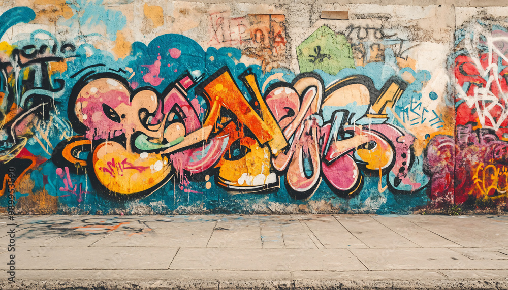 Obraz premium A graffiti-covered urban wall, showcasing vibrant colors, bold lines, and an edgy, artistic vibe