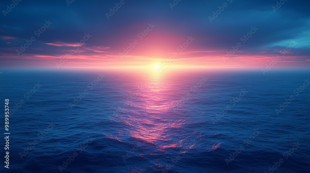 Fototapeta premium Beautiful sunset over the endless sea or ocean in blue and purple and pink colors with space for text