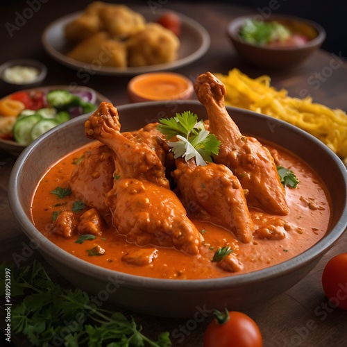 Delicious juicy tasty butter chicken dish well cooked with Tomato sauce with some vegetable served, traditional butter chicken, tasty butter chicken curry dish