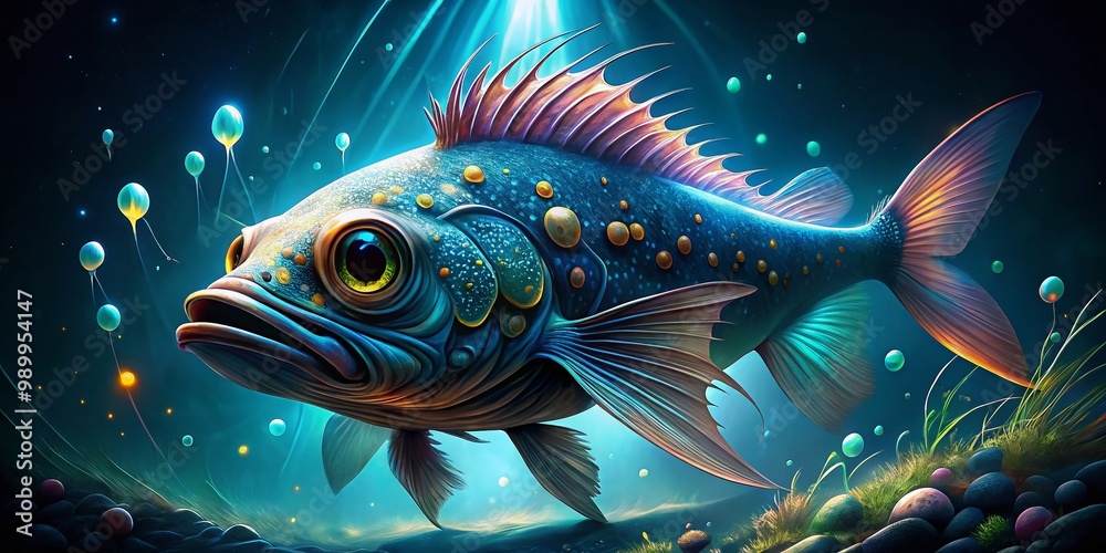 Mysterious Deep Sea Creature with Glowing Features Swimming in the Dark Ocean Depths Mysterious Deep Sea Creature with Glowing Features Swimming in the Dark Ocean Depths