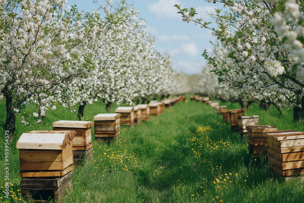 A Field of Beehives Placed Near Blooming Apple Trees: Nurturing Nature's Pollinators and Bountiful Harvests A Field of Beehives Placed Near Blooming Apple Trees: Nurturing Nature's Pollinators and Bountiful Harvests