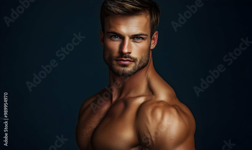 Topless man with muscle. Sexy male body. Handsome sexy model