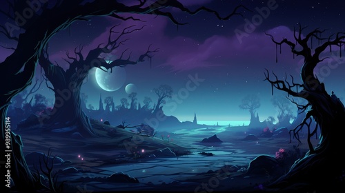 A Surreal Nighttime Landscape with Silhouetted Trees and Moons