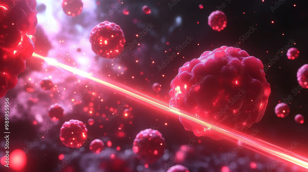 A beam of light passes through a field of red cells. A beam of light passes through a field of red cells.