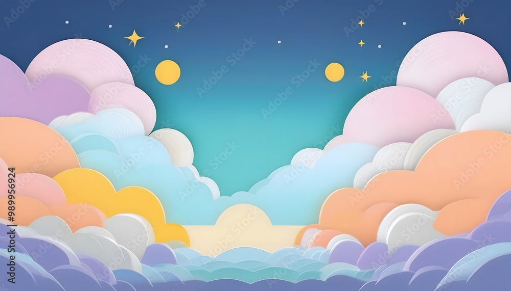 The sky background is filled with pastel fluffy clouds in a paper layer format. The sky background is filled with pastel fluffy clouds in a paper layer format.
