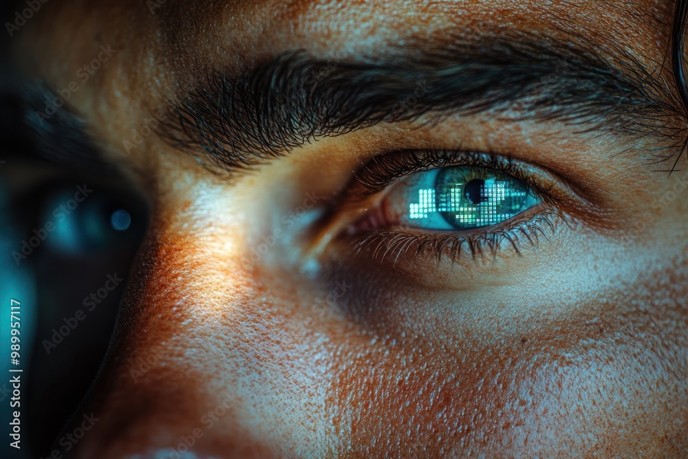 Close-up of a man's eye with a digital pattern.