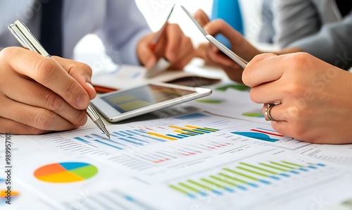 Business Team Collaborating on Financial Charts with Clean Desk Setup