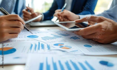 Business Team Collaborating on Financial Charts with Clean Desk Setup