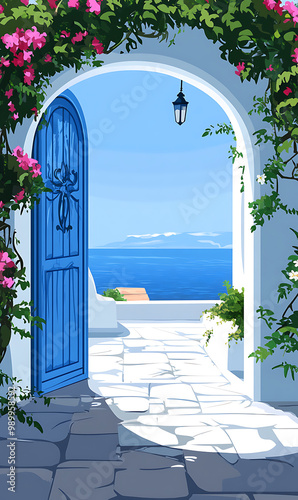Tunisian Sidi Bou Said Wedding Illustration – Perfect for posters, greeting cards, invitation cards, and Facebook banners, celebrating love with vibrant blue hues and cultural elegance.