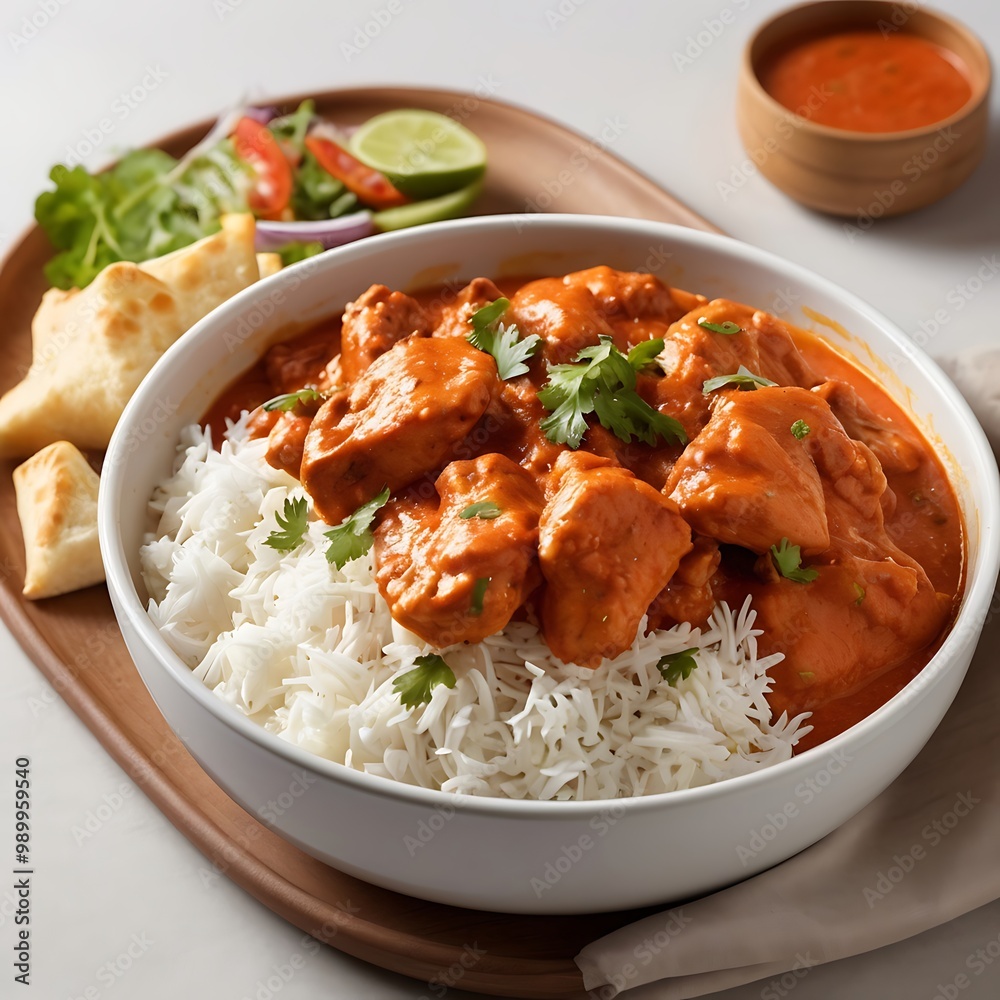 Delicious juicy tasty butter chicken dish well cooked with Tomato sauce with some vegetable served, traditional butter chicken, tasty butter chicken curry dish Delicious juicy tasty butter chicken dish well cooked with Tomato sauce with some vegetable served, traditional butter chicken, tasty butter chicken curry dish