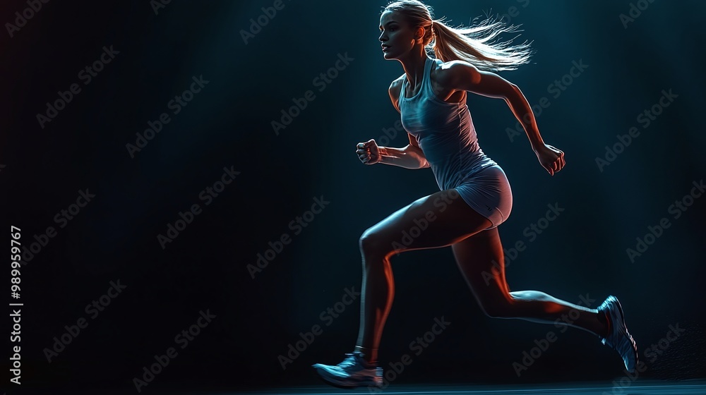 Obraz premium powerful athletic woman in a sprinting pose on a dark backdrop representing the essence of motivation and strength in sports and fitness training