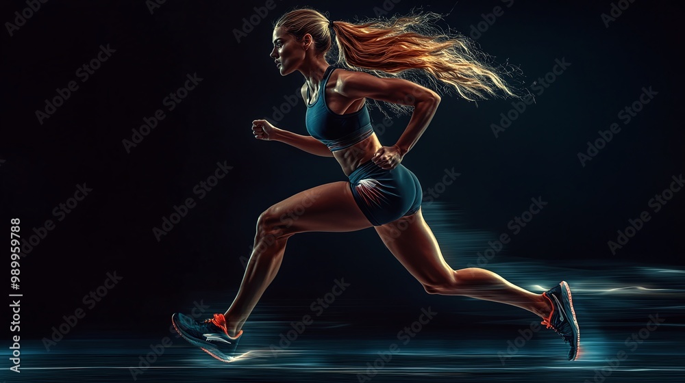 Fototapeta premium powerful athletic woman in a sprinting pose on a dark backdrop representing the essence of motivation and strength in sports and fitness training