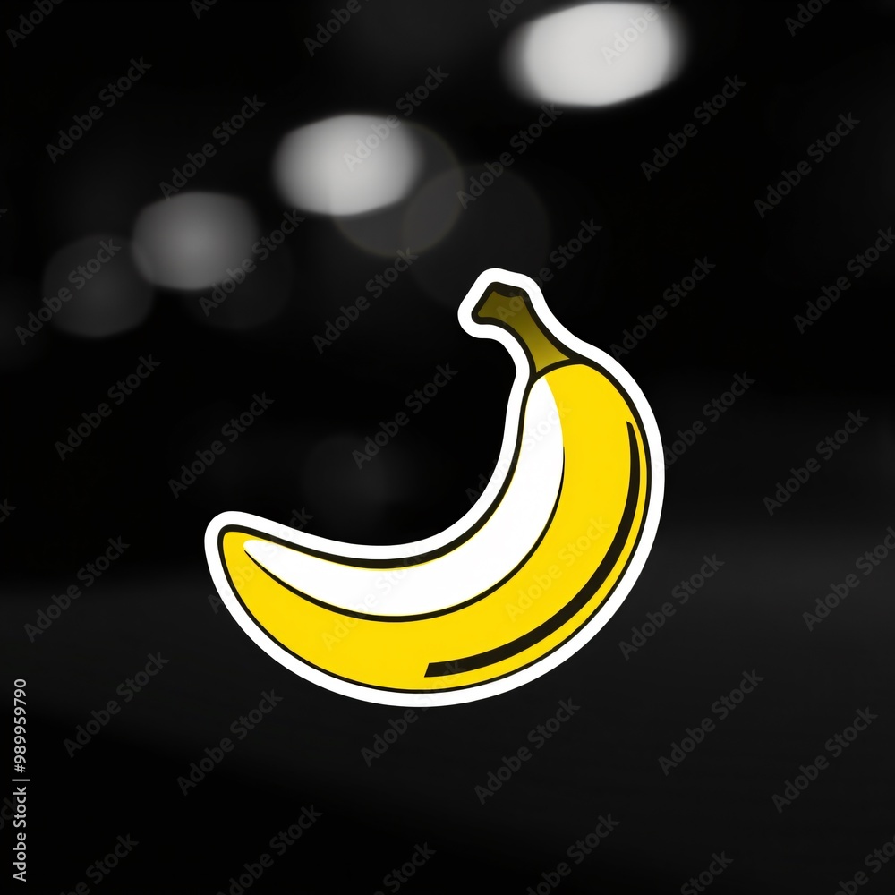 A bright yellow banana sticker against a dark, blurred background emphasizing its color and shape A bright yellow banana sticker against a dark, blurred background emphasizing its color and shape