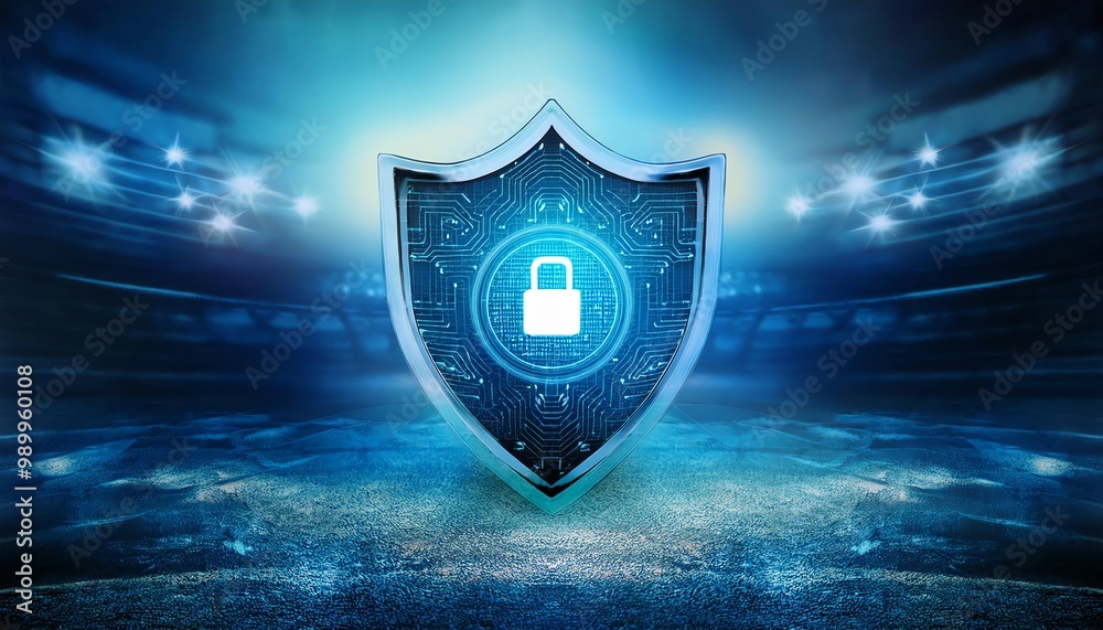 Fototapeta premium A high-tech shield symbolizing cybersecurity, featuring a padlock and digital patterns, set against a vibrant background.