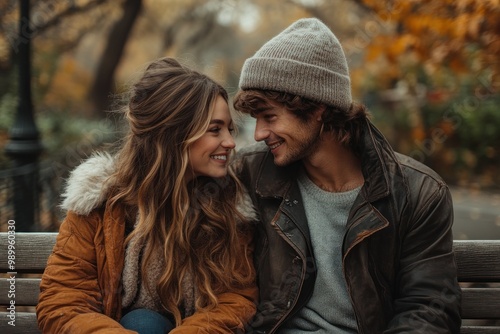 Young sweet couple embraced on a bench in park watching a beautiful sunset, enjoying their love and nature