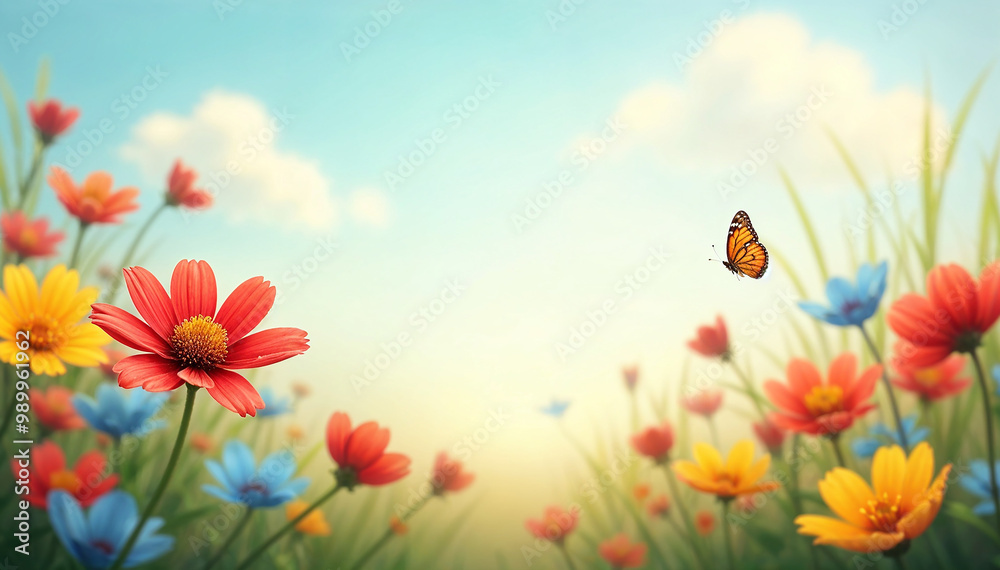 Obraz premium Spring Nature Seasonal Background with Colorful Flowers and Bright Sunny Sky 
