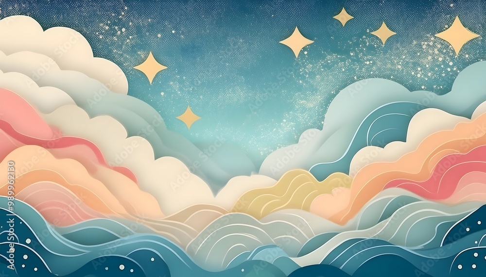 The sky background is filled with pastel fluffy clouds in a paper layer format. The sky background is filled with pastel fluffy clouds in a paper layer format.