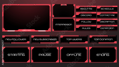 Red streaming overlay with panels buttons interface for streaming