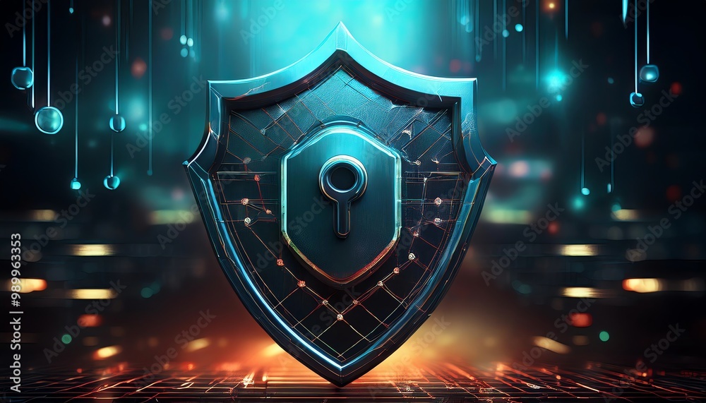 Fototapeta premium A futuristic shield symbolizing security, featuring a keyhole, illuminated by glowing blue and orange lights, set against a digital backdrop.