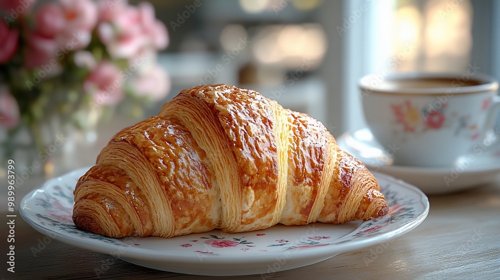A freshly baked croissant and a cup of coffee on a table. A freshly baked croissant and a cup of coffee on a table.