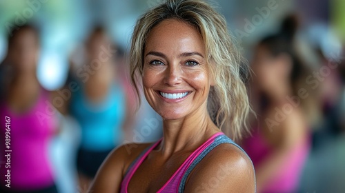 Free Download Zumba dance class featuring a middle-aged woman expressing her love for fitness and active living through joyful movement and rhythmic music in a supportive environment - GFXLoad