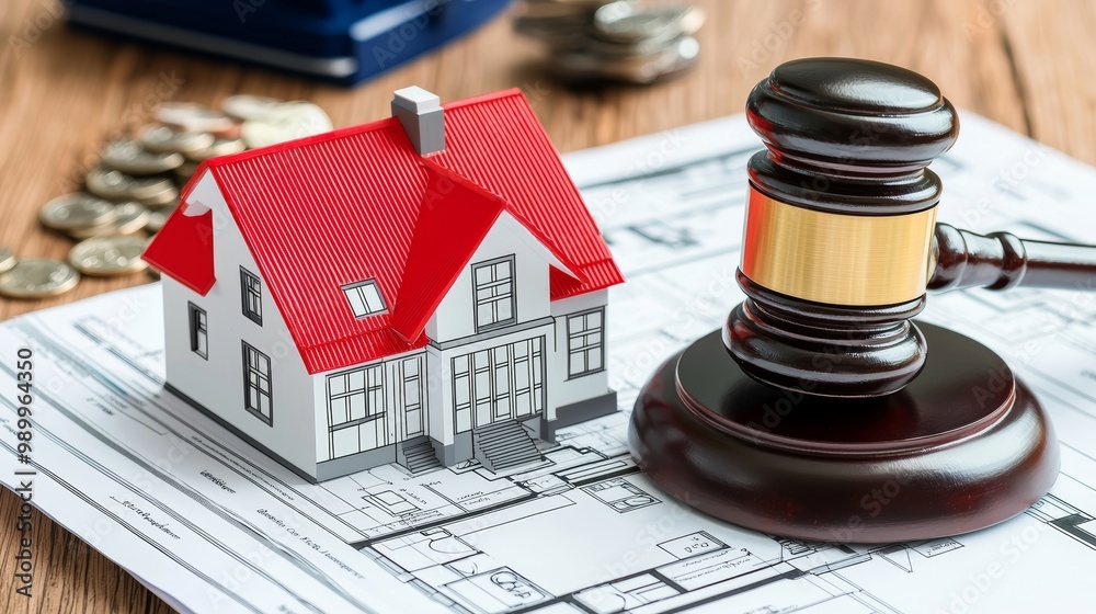 A model house and gavel on legal documents, symbolizing real estate law and property transactions. A model house and gavel on legal documents, symbolizing real estate law and property transactions.