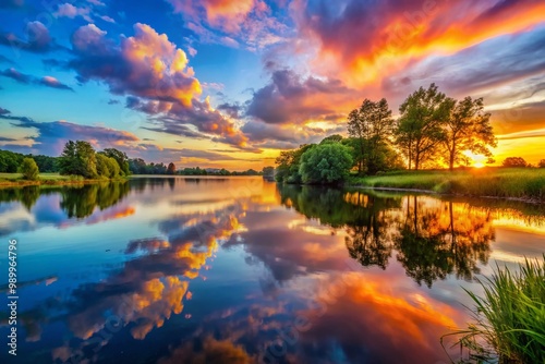 Scenic Departure at Sunset: Tranquil Landscape with Vibrant Skies and Serene Water Reflection