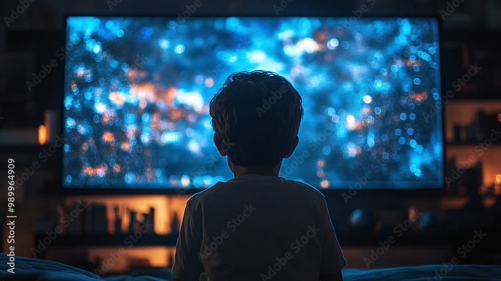 young boy with back view engaged in front of a huge television screen showcasing the prevalence of excessive screen time and its implications for childhood development young boy with back view engaged in front of a huge television screen showcasing the prevalence of excessive screen time and its implications for childhood development