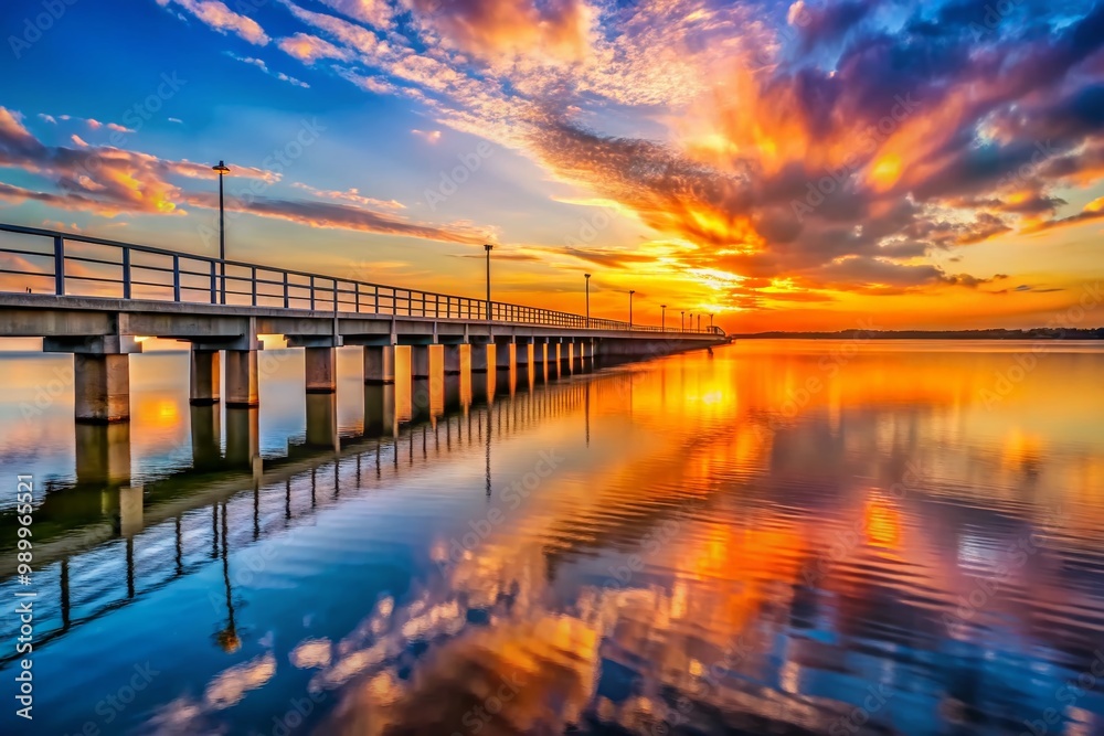 Scenic Lavon Dam Fishing Pier at Sunset with Calm Waters and Vibrant Sky Reflections in Texas Scenic Lavon Dam Fishing Pier at Sunset with Calm Waters and Vibrant Sky Reflections in Texas