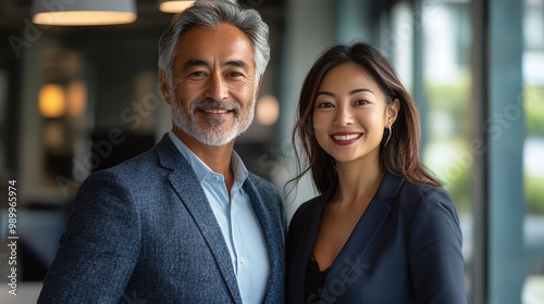 corporate leaders portrait featuring two successful mature latin men and an asian business woman in an office environment highlighting diversity and professional achievement