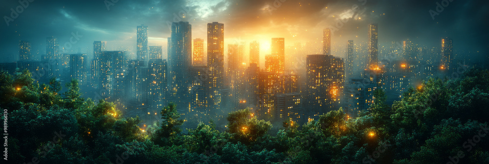Fototapeta premium Cityscape at sunset with glowing lights.