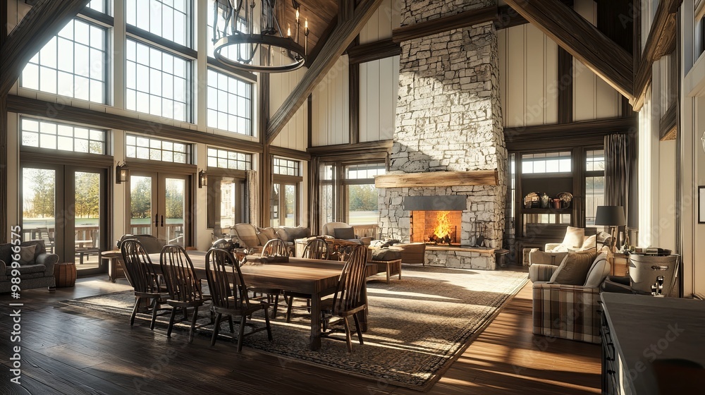 Naklejka premium A large, open living room with a fireplace and a dining table