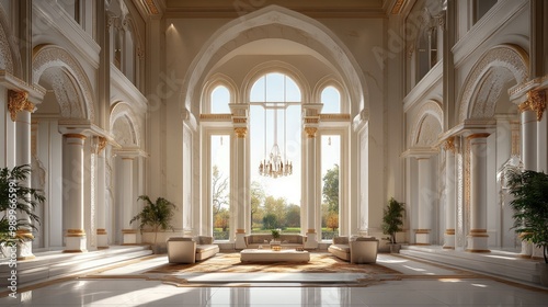 Stunning 3D design of an elegant interior space with high arches, luxurious finishes, and intricate architectural detailing