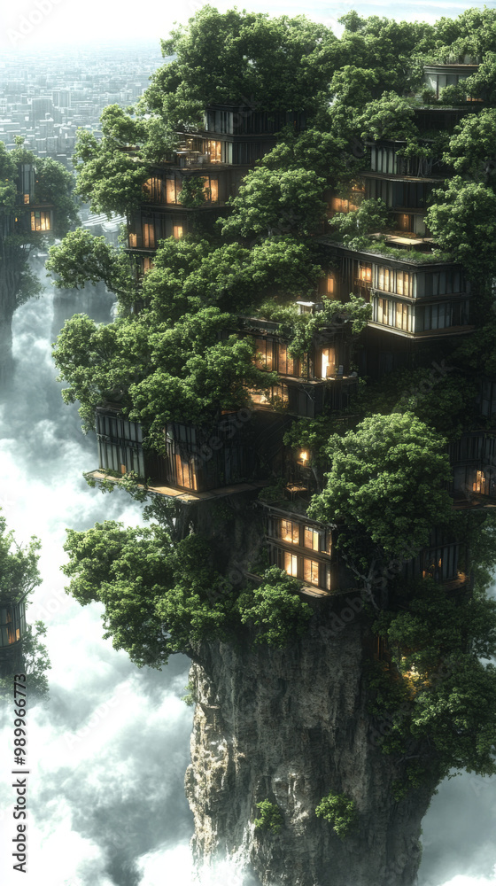 Fototapeta premium A futuristic treehouse on a clifftop, surrounded by clouds.