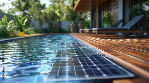 energy efficient solar swimming pool pump with solar panels and a beautiful wooden deck setting featuring people enjoying a summer day in the background