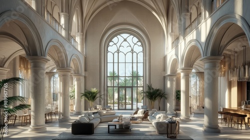 Stunning interior design of an arch building with elegant details, blending modern architecture with classic elements, captured in 3D rendering