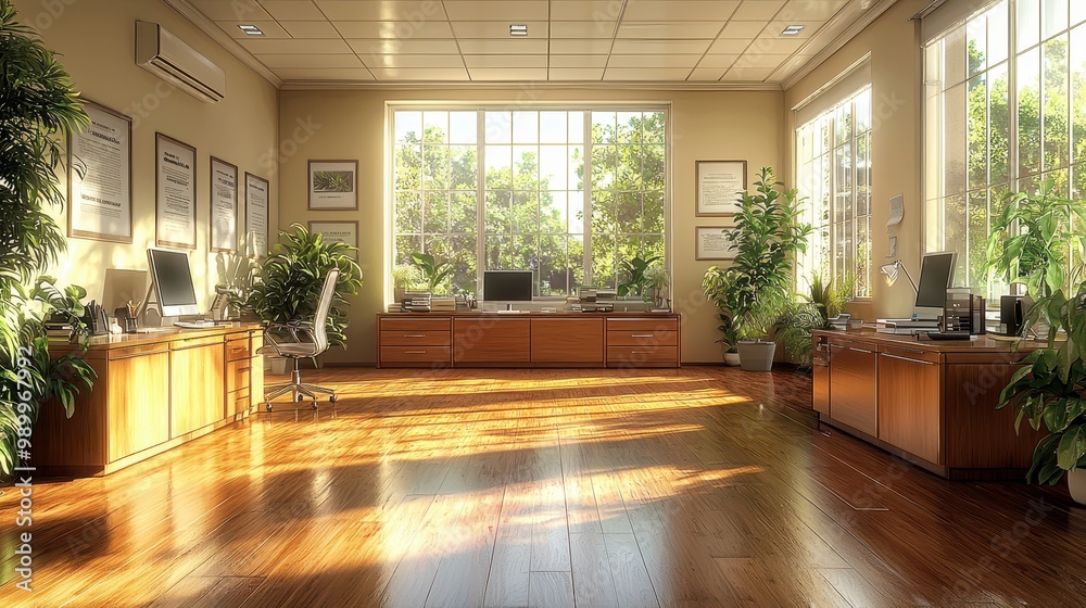 Fototapeta premium Modern Office Interior with Large Windows Sunlight and Plants