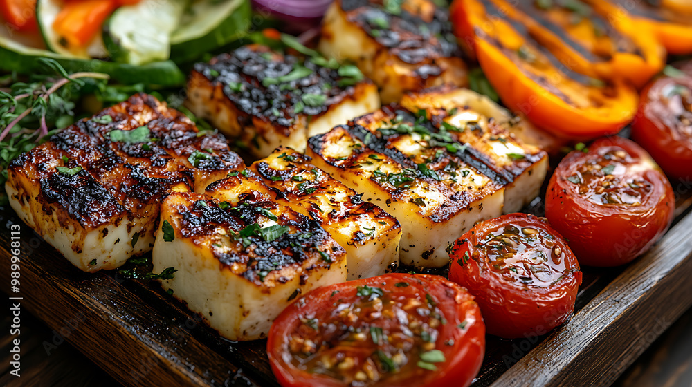 A colorful selection of grilled halloumi cheese served with fresh vegetables