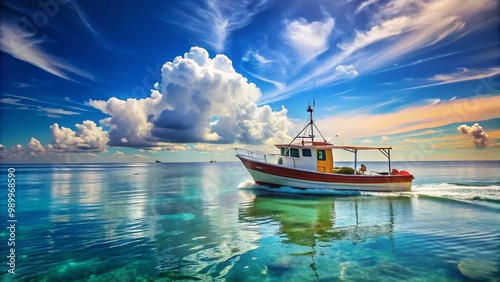 Serene Fishing Boat Gliding Across the Tranquil Ocean Under Clear Blue Sky on a Sunny Day