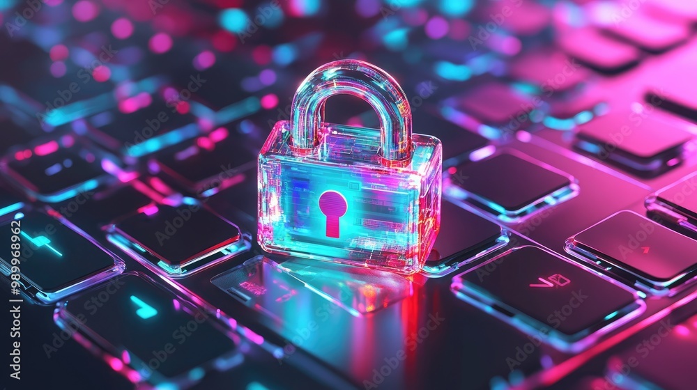 3D digital padlock hovering over a keyboard with layers of data protection icons 3D digital padlock hovering over a keyboard with layers of data protection icons
