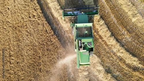 Aerial top-down view of combine harvester machine collecting golden ripe wheat. Fields and farmlands of England. Harvesting machinery or agricultural equipment. Reach harvest concept. UK.
