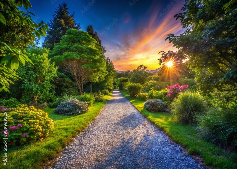 Serene Gravel Pathway Through Lush Greenery in a Peaceful Natural Landscape on a Sunny Day Serene Gravel Pathway Through Lush Greenery in a Peaceful Natural Landscape on a Sunny Day
