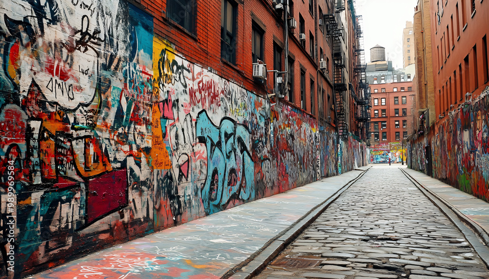 Fototapeta premium A graffiti-covered urban wall, showcasing vibrant colors, bold lines, and an edgy, artistic vibe