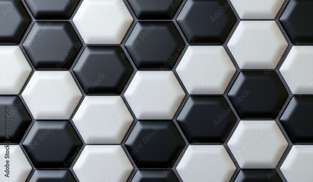 A black and white soccer pattern, hexagonal tiles arranged in repeating patterns on the wall A black and white soccer pattern, hexagonal tiles arranged in repeating patterns on the wall
