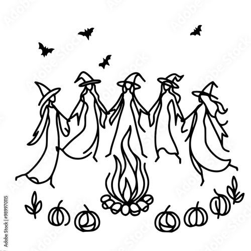 Stylized line vector image of five witch figures in pointed hats and cloaks standing around a fire with pumpkins at the bottom and bats at the top.
