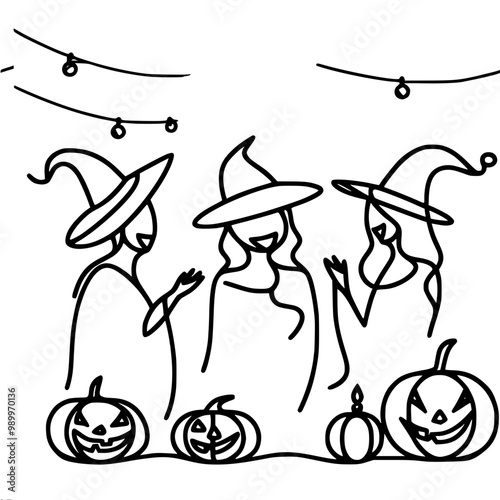 Stylized linear vector image of three witch figures in pointed hats with pumpkins in front of them and garlands of light bulbs above them, done with minimal lines.