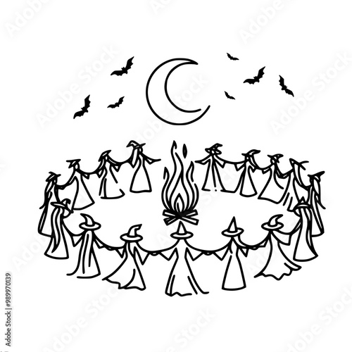 Stylized linear vector illustration of witch figures in robes with pointed hoods holding hands around a central flame, with a crescent moon and flying birds in the background.
